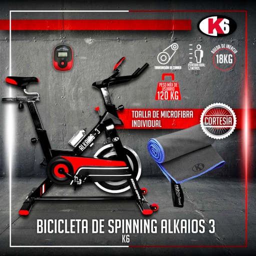 [COM66143+67511] Combo Bicicleta de Spinning Alkaios 3 K6 18 kg + Toalla de Microfibra K6 Individual
