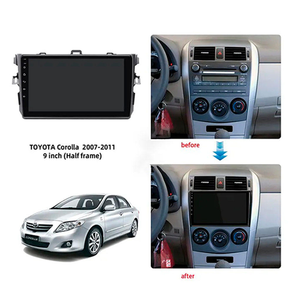 Reproductor Pantalla Androide 11 Universal Sim 9" GPS Wi Fi BT USB Toyota Corolla 2007 08 09 10 1 + 16Gb