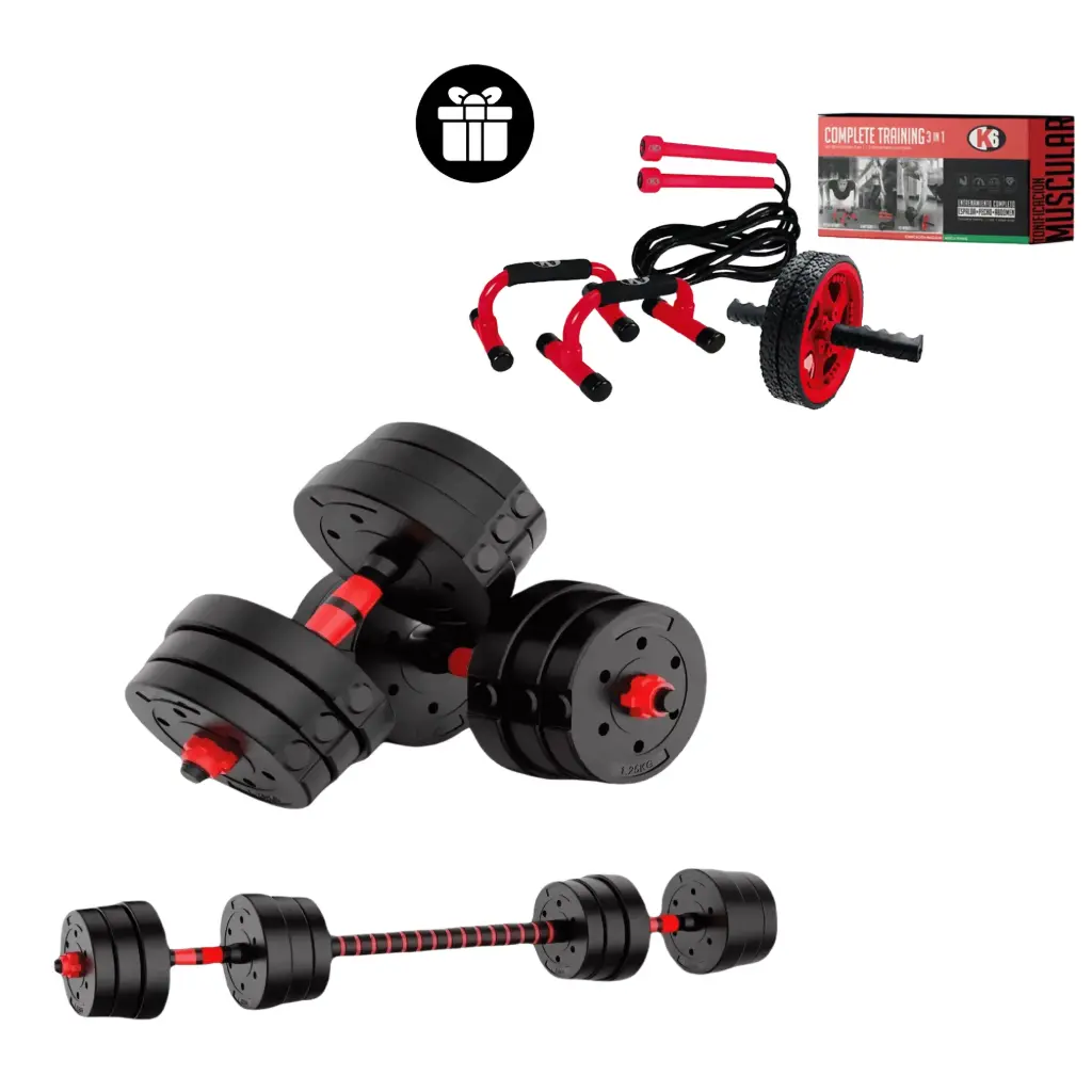 Set Mancuernas + Lazo Para Saltar + Base Flexiones + Rueda Abs