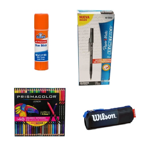 [COMESCO3] Combo Donde sea Lleva el Color Cartuchera Escolar Wilson Attack + Caja de Colores Prismacolor Cx36 + Barra Todo Proposito Elmer's 40g + Bolígrafos Kilometrico Paper Mate St Cx15