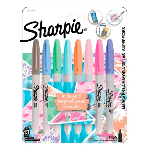[2102521] Marcadores Pastel Sharpie Finos Tx8 (+5 Tarjetas para Colorear)